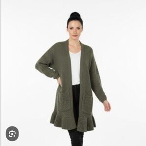 Guinevere Olive Textured Knit Ruffle Hem Cardigan Small Ruffles Small Sweater